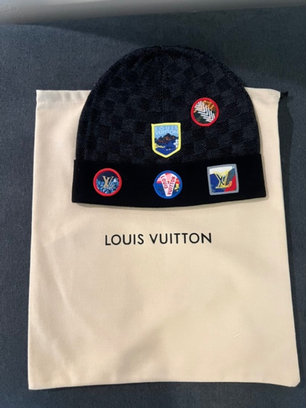 Black LV Beanie Hat with Patches